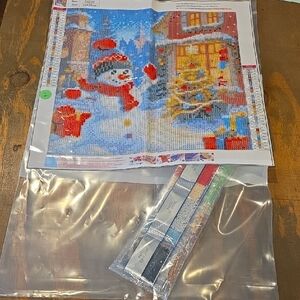 Winter Snowman Diamond Painting Canvas with Blue, Red, White Accents